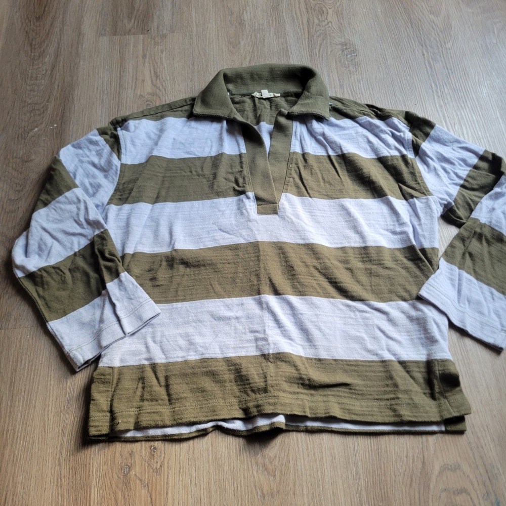 Madewell Women Polo Shirt XS Green White Striped V-Neck Long Sleeve Preppy